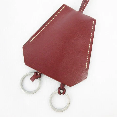 Hermes Crochet Necklace Charm Key Ring Bordeaux Red Leather Engraved Accessories