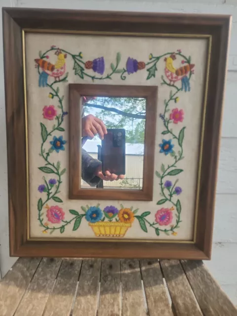 Vintage Framed Mirror Embroidery Crewel Jacobean Linen Wool Bird Floral