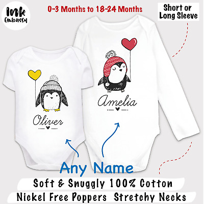 Cute Pinguin PERSONALISED Any Name BABY GROW VEST BODYSUIT Shower Gift Birthday