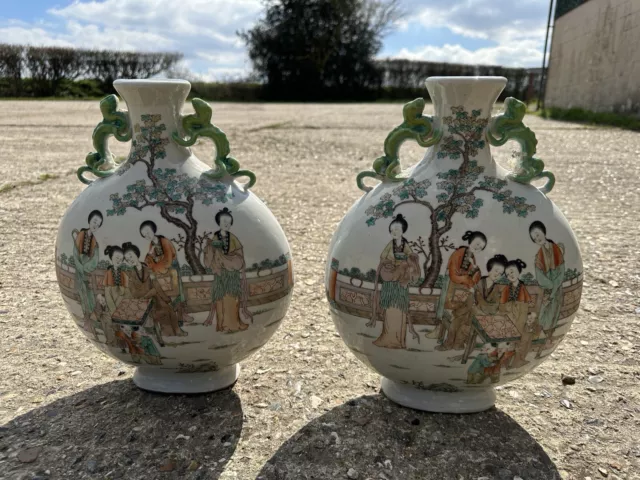 Pair Of Chinese White Porcelain Famille Verte Moon Vases Flasks Four Characters