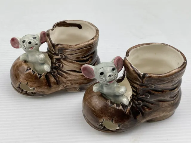 Pair Vintage 1950's/60's Ceramic Kitsch Mouse In Old Boot Mini Planter