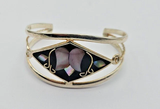 Bracelet Mexicain Vintage En Laiton Alpaga Et Onyx Blanc (7,5 Pouces - 83,63g) - Style Bangle/Chaîne