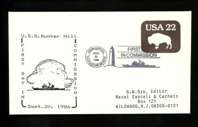 Couverture de navire naval américain USS Bunker Hill CG-52 Peace 1986 MA First Day Commission