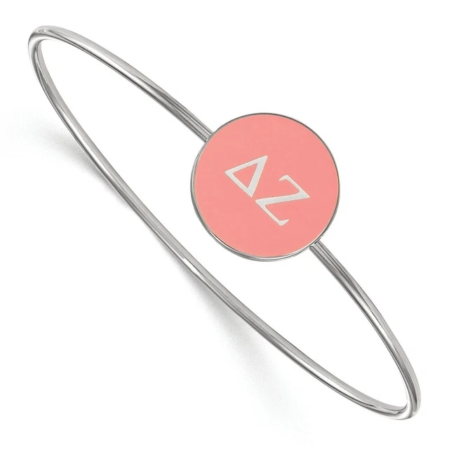 Sterling Silver Delta Zeta Pink Enamel Greek Letters Bangle - 8 In.