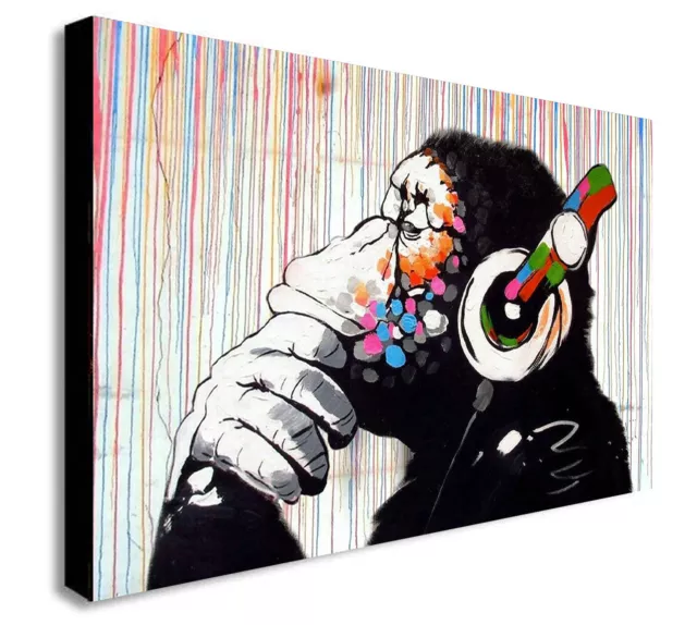 BANKSY - DJ Monkey Chimp  - Rainbow Rain Canvas Wall Art Framed Print.