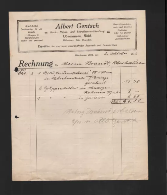 OBERHAUSEN, Rechnung 1911, Albert Gentsch Buch-Papier-Schreibwaren-Handlung