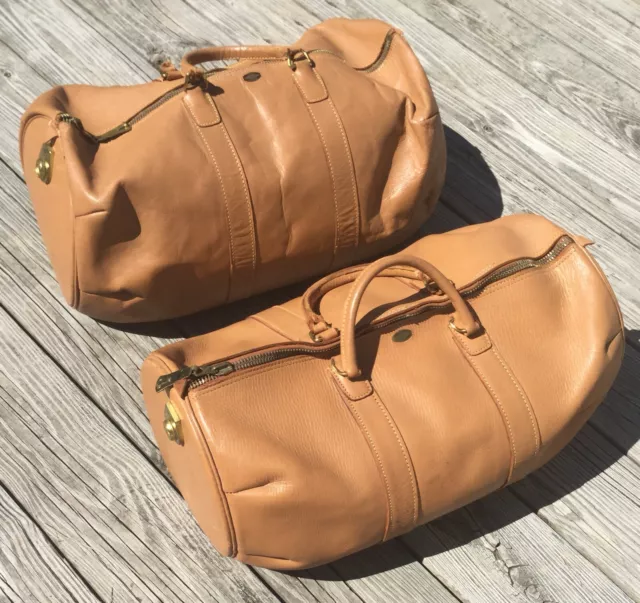 Old Vtg Leather Zipp-O-Grip Tan Travel Bag Luggage Crest Pair Set Of 2