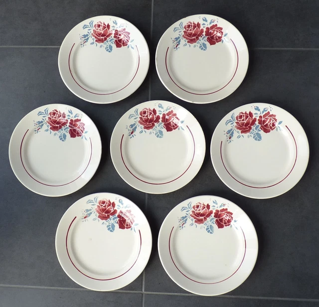 Lot De 6 Assiettes Creuses Décor Fleurs Rouges - Céramique - Occasion TBE