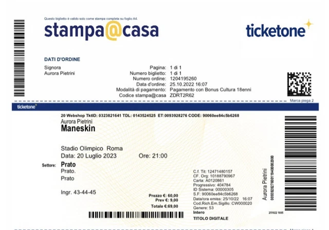 Biglietto per concerto dei maneskin