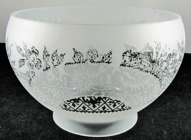 Frosted Glass Upturned Lamp Shade Stenciled Floral Motif 4" Fitter 6 5/8" Diam.