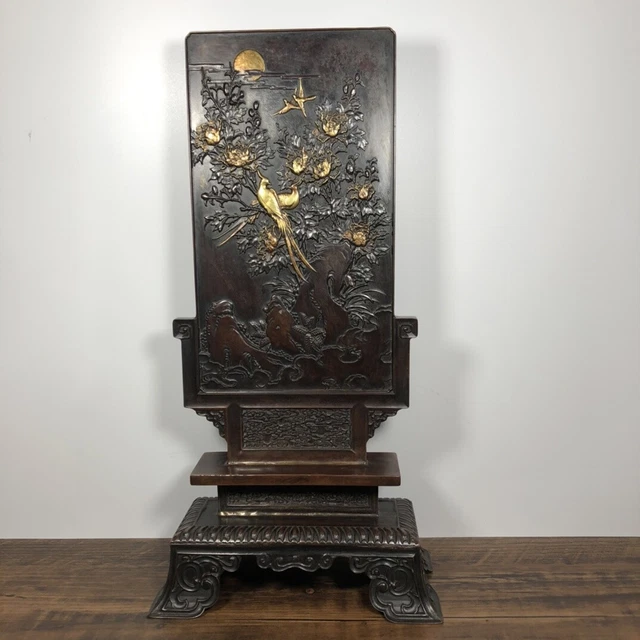 Chinese Exquisite Handmade Flowers Bird Gilt Bronze Statue Screen