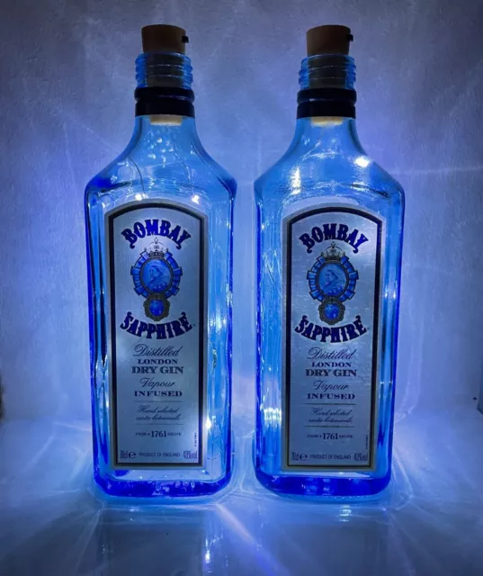 2x LED Light Up Upcycled Bombay Sapphire Gin Bottles Decoration / Wedding 