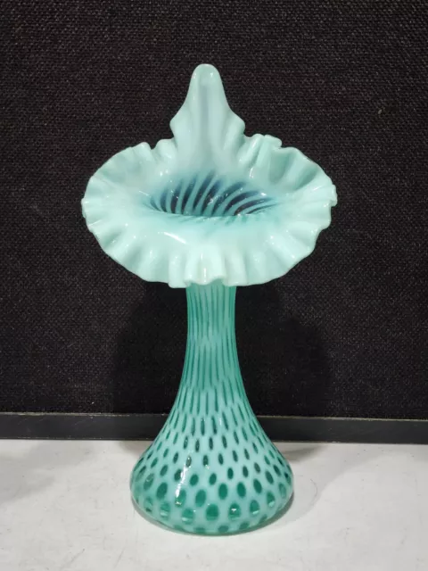 FENTON AQUA OPALESCENT COIN DOT JIP Jack in the Pulpit VASE 11"H