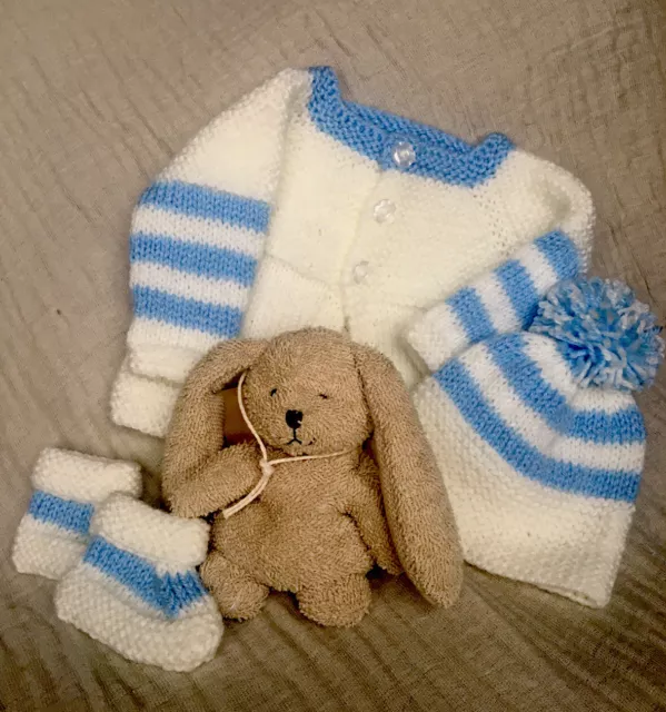 Handknitted Baby Matinee Set Jacket /Coat/Cardigan Hat Boots 0-3 Months  - Blue