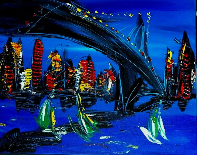 BLUE NY CITY Painting Original Oil  Canvas Gallery SUPERB Artist  43T5G