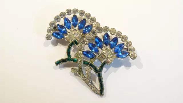 Stunning Art Deco Double Sapphire Rhinestone Brooch / Pin