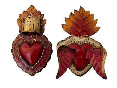 SET (2) Small Tin Hearts, Heart with Wings + Heart with Crown,  Mexican Corazons