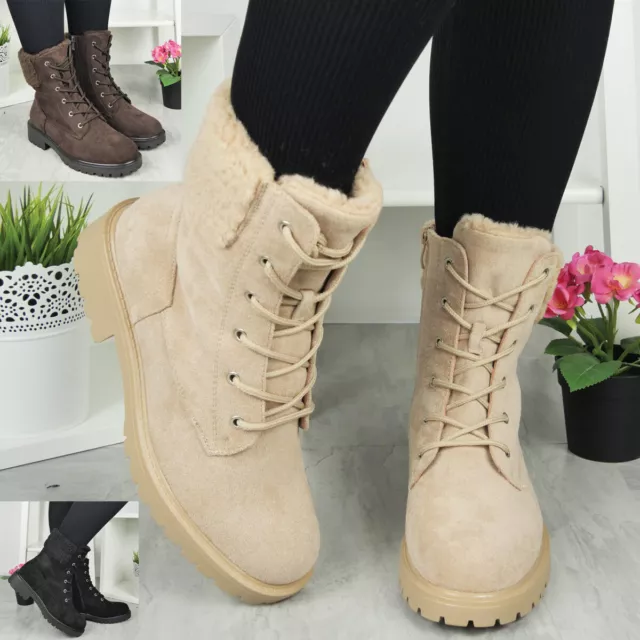 Ankle Boots Shoes Ladies Comfy Faux Fur Lined Grip Zip Lace Up Winter Womens Siz