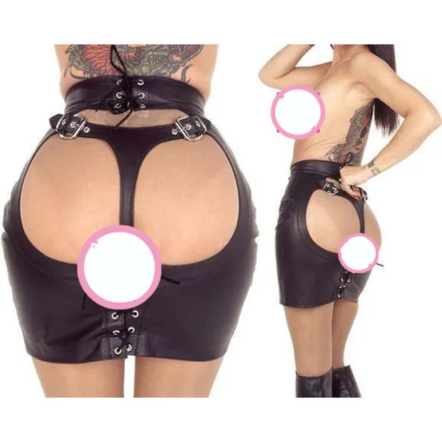 Butt Bondage Spanking Skirt Fetish Lingerie Black Women Sexy Faux Leather Open