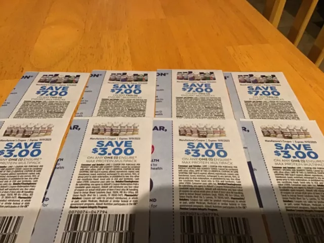 Lot of 8 coupons $7.00 & $3.00 off Ensure Shake Coupons   Expire 11/11/23