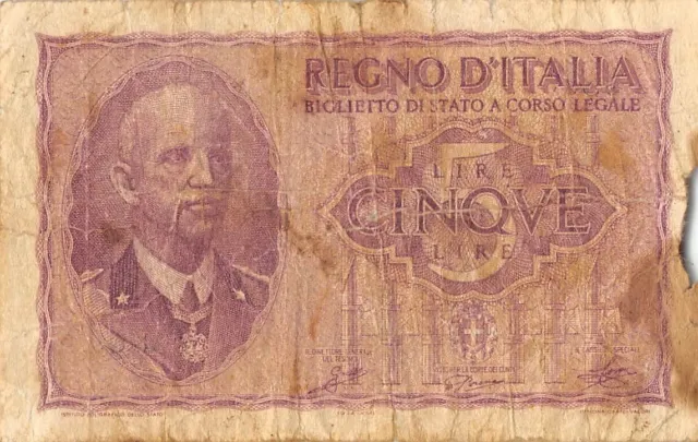 Italy  5  Lire  1944  Series  0306  Circulated Banknote G36