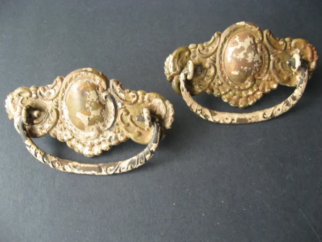 Pair Fancy Antique Brass Drawer Pulls - Shabby Chic White Paint - 3" OC (A9)