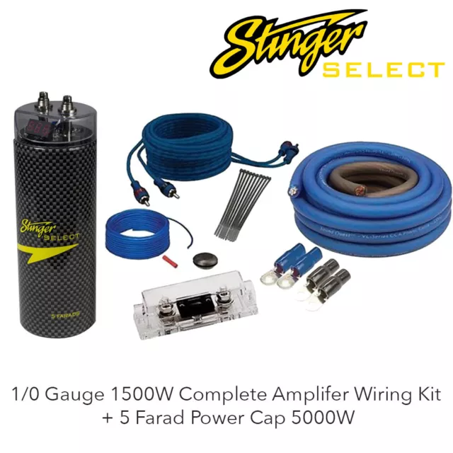 Stinger 1/0 Gauge 1500W Complete Amplifer Wiring Kit + 5 Farad Power Cap 5000W