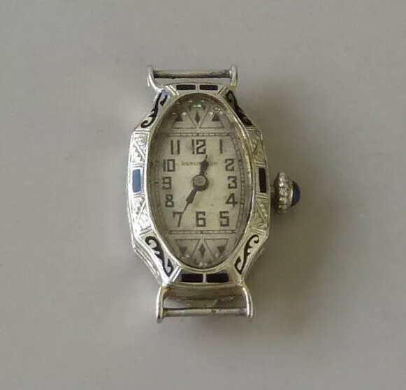 Burlington Ladies Art Deco 18K White Gold With Black Enamel Swiss Wrist Watch
