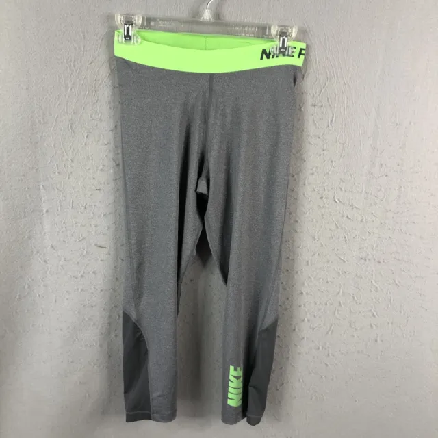 NIKE PRO LEGGINGS Womens Medium Gray Lime Green Dri-Fit Hypercool