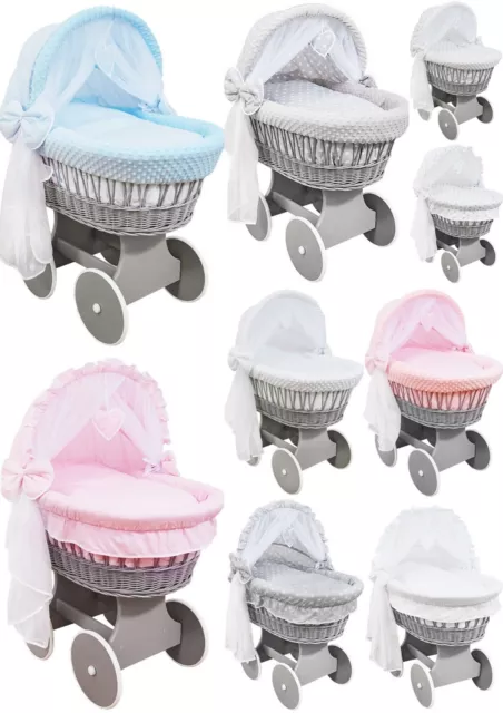 Graue Weiden Kapuzenräder Krippe/Baby Mose Korb + Komplette Bettwäsche