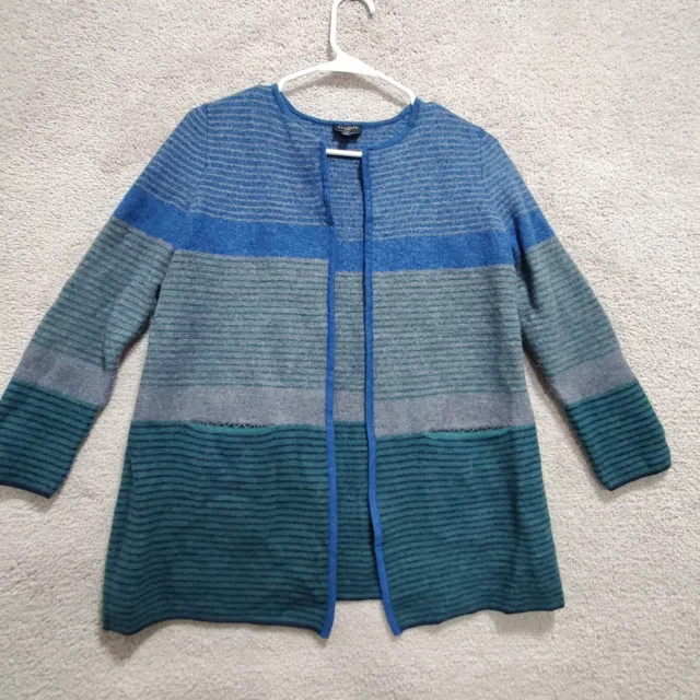 Talbots Cardigan Sweater Womens Large Merino Wool Blue Green Gray Striped Open