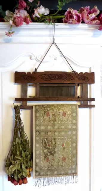 A Fabulous Vintage Hand Carved Hard Wood Textile Display Hanger ~  Loom