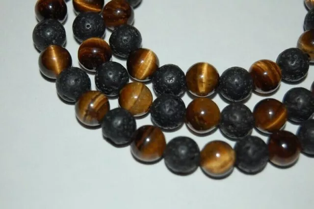 Collier homme Natural Tiger's Eye &amp; Lava Rock rond 2 perles de pierres...