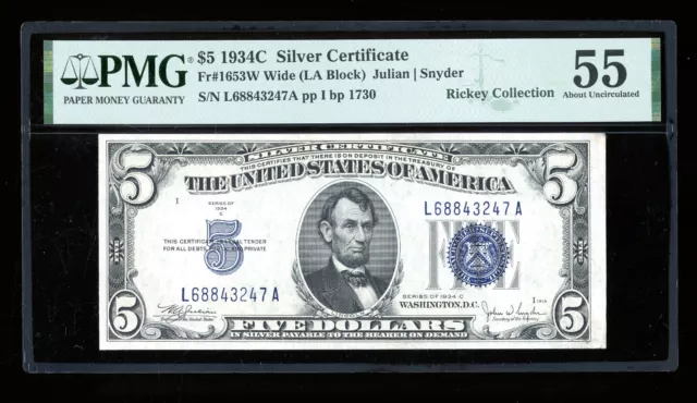 DBR $5 1934-C Silver Fr. 1653W LA Block Wide Face PMG 55 Serial L68843247A