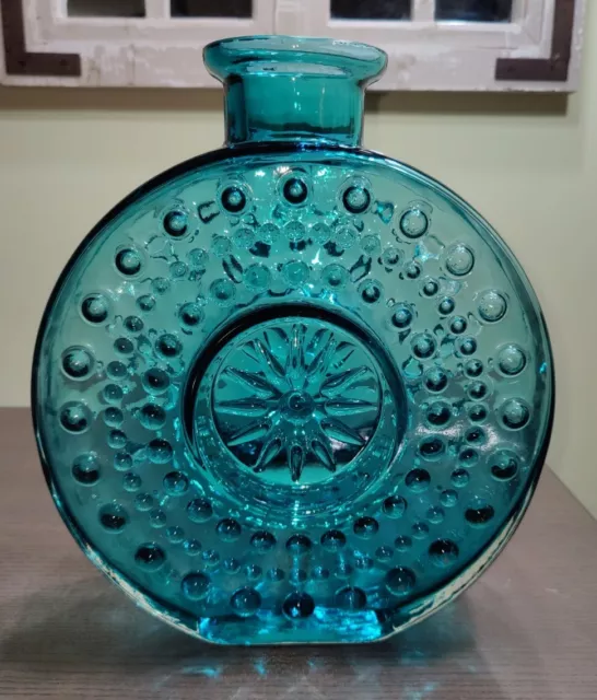 Sunburst Art Glass Vase Teal Blue Erich Jachmann Blown In Mold Germany MCM Heavy 3