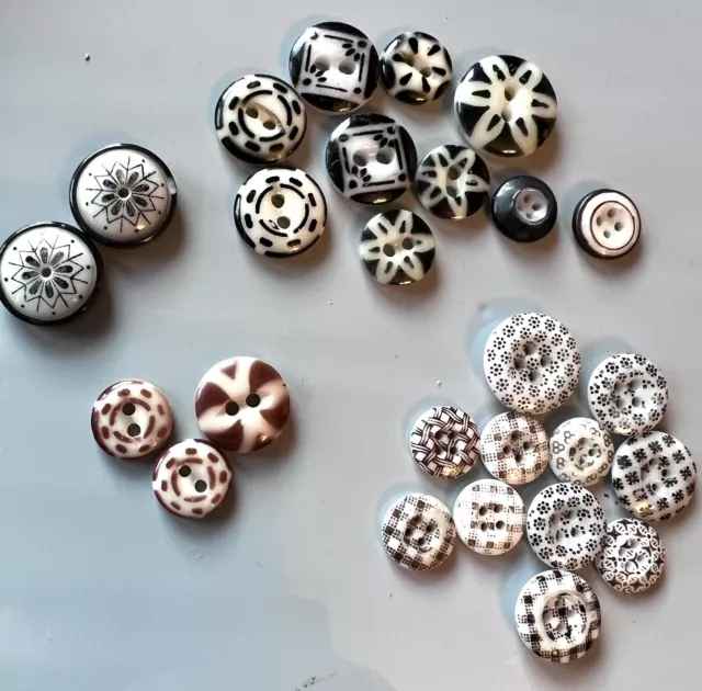 Antique Lot Of 26 Calico Stencil China Buttons Black Brown Diminutive