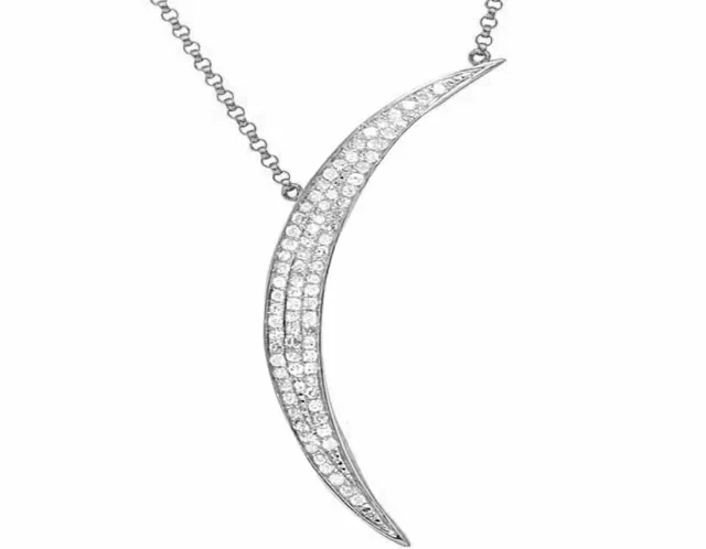 Ladies 10K White Gold Real Diamond Crescent Moon Pendant Necklace Chain 3/10 CT