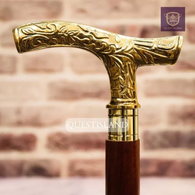 Walking Stick Handle Brass Wooden Victorian Foldable Cane Collectible Men's Gift