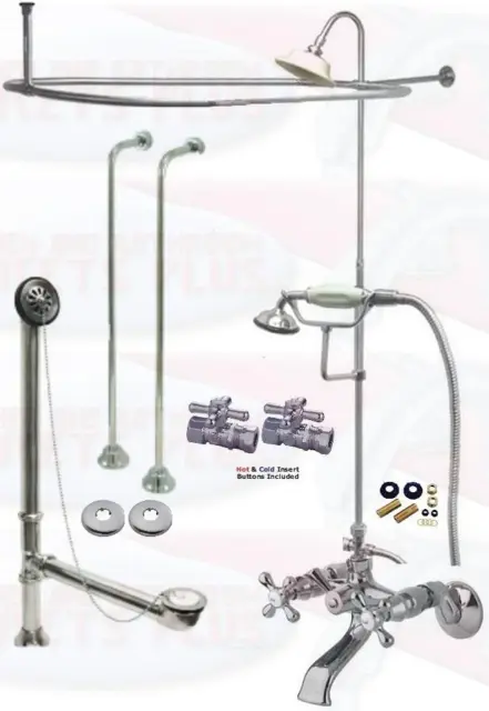 Chrome Tub Mount Clawfoot Faucet Kit W/Shower Riser Enclosure, Drain & Supplies
