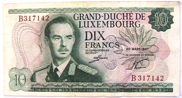 1967 Luxembourg 10 Franc Ch VF Europe Duchey Currency Paper Money Banknote p-53