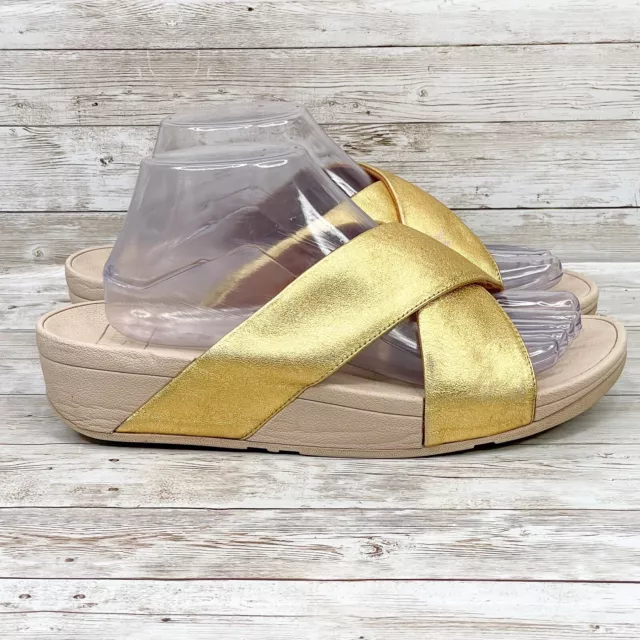 FITFLOP Sandal Womens 9 Lulu Cross Slide Wedge Gold Leather Slip On Comfort Shoe