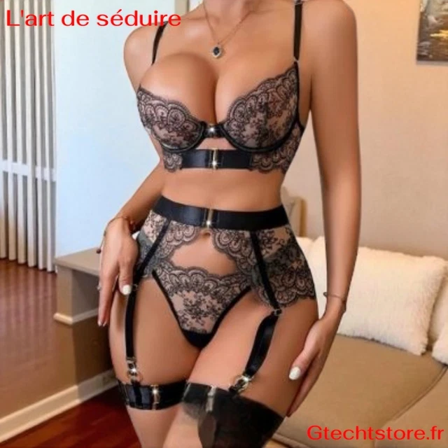 Ensemble Lingerie Nuit En Cuir Vernis - Soutien-gorge Ouvert Et String, Taille Plus, Neuf