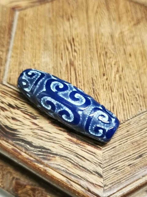 OLD Wonderful Rare Power Tibetan Natural Blue Agate Dzi Bead Amulet B04
