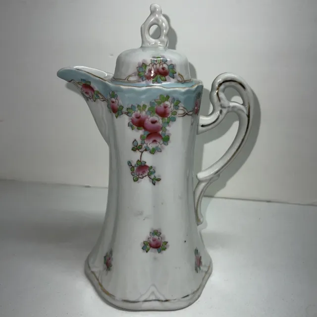 Antique Hand Painted Light Blue, White And Pink Chocolate Pot
