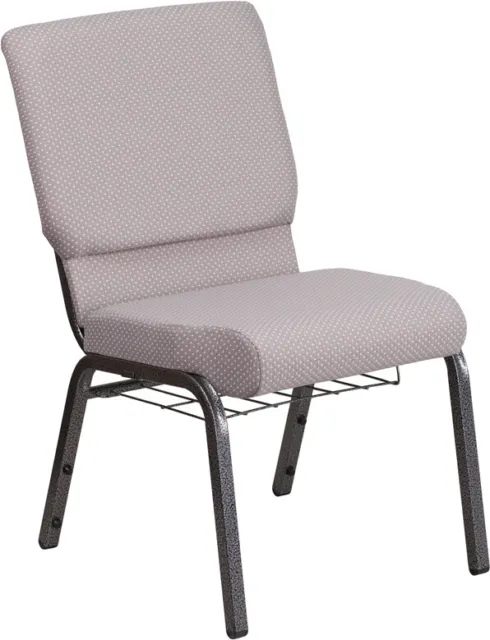 10 PACK 18.5'' Wide Gray Dot Fabric Church Chair with Book Rack and Silver Frame
