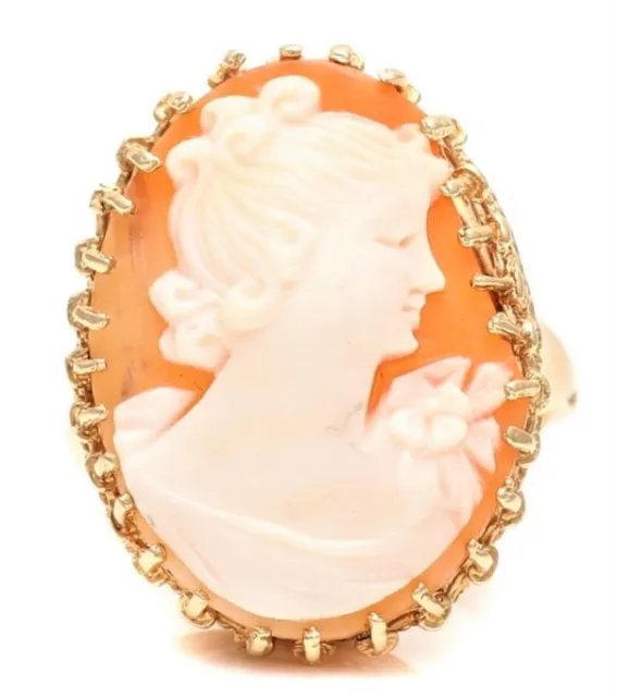 Ornate Antique Large Victorian 14K Carved Shell Cameo Portrait Ring 8gm  Sz 11