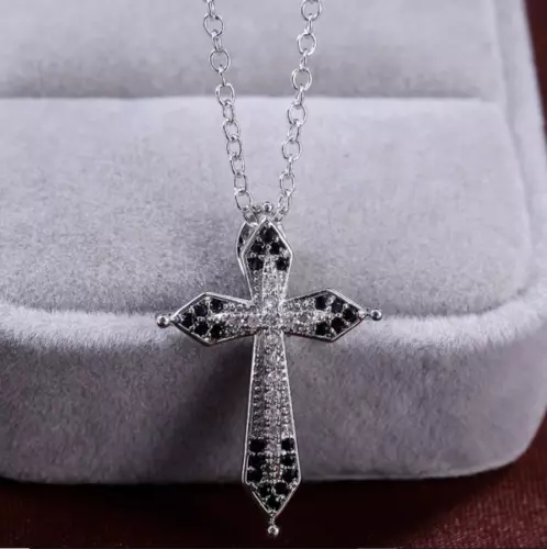 1.30Ct Round Cut Black Diamond Cross Pendant 18K White Gold Finish Free Chain