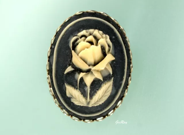 ART DECO ROSE Cameo Brooch Pin Vintage Resin Black White Off $22.99 ...