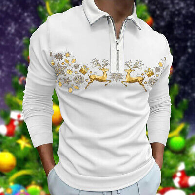Men's Christmas Long Sleeve POLO Shirt Classic Zipper Casual Slim Shirts