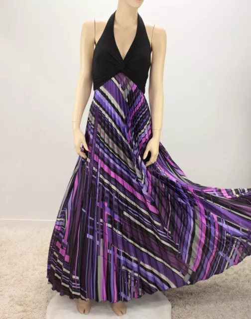 Betsy Adam Linda Bernell Maxi Halter Dress Pleated Satin Purple Chevron Stripes